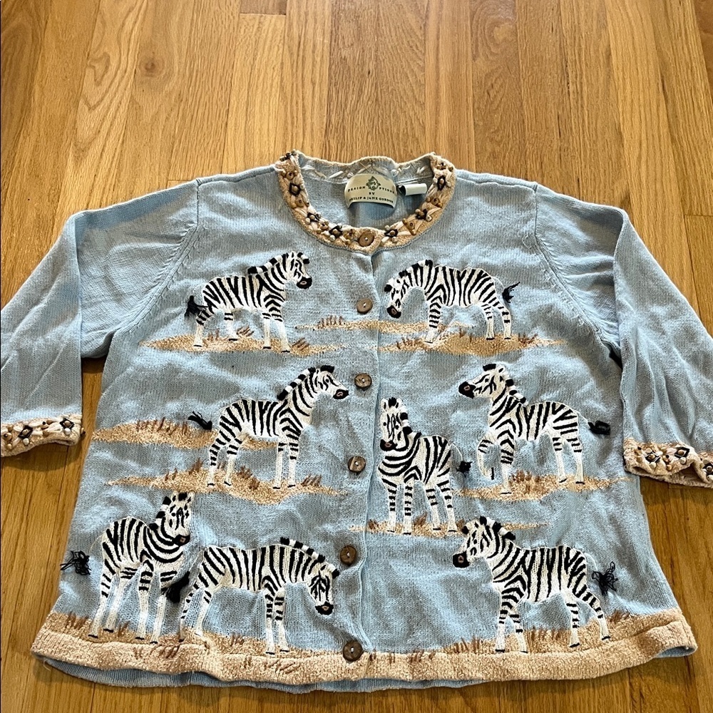 Vintage Design Options Zebra Novelty Print 3/4 Sleeve Cardigan Sweater Sz XL
